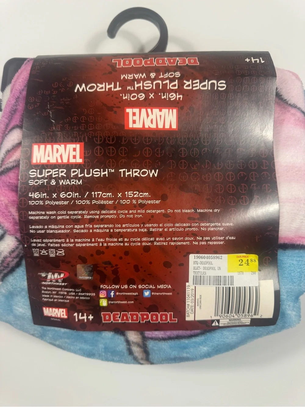New Deadpool Super Plush Throw Blanket - Pink/White 46in x 60 in